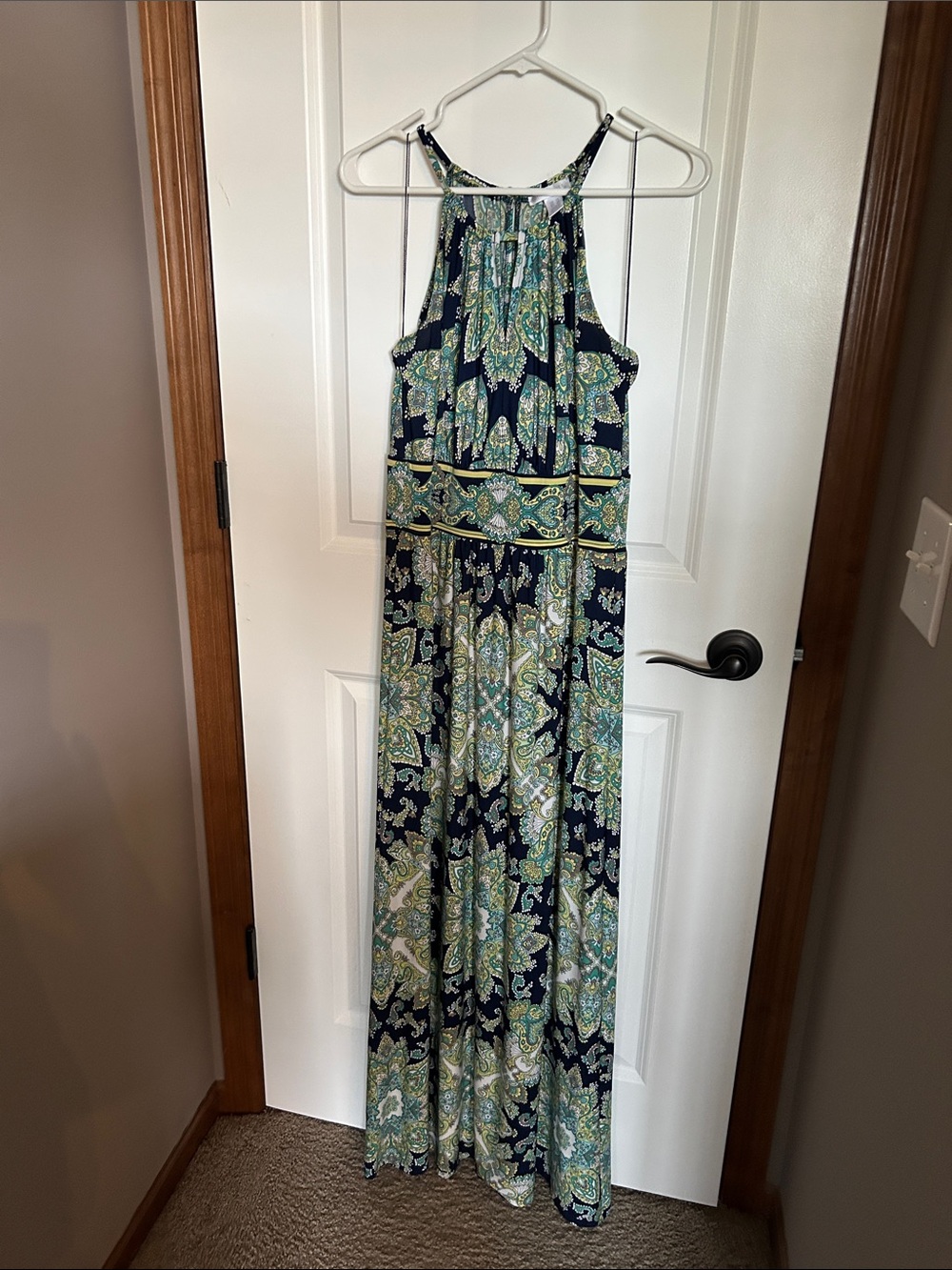 Maggy London Navy Paisley Halter Maxi Dress with green  and aqua Accents